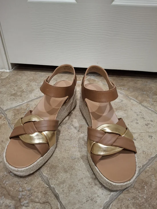 Vionic Tan and Gold Braided Espadrille Wedge Sandals - Picture 4 of 9